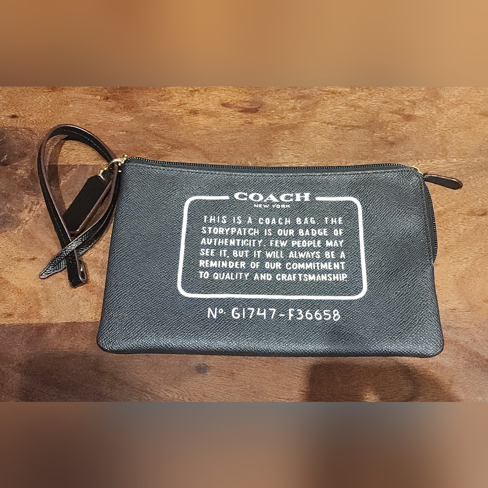 Coach PATCHWORK Black Wristlet Clutch with White Logo Print
